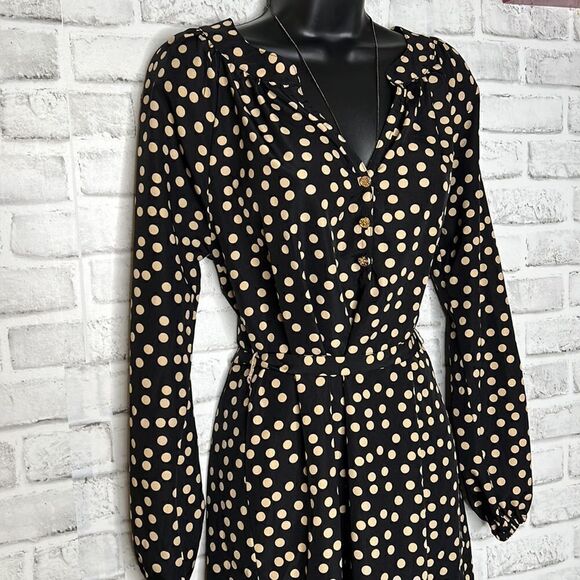 mudpie Tan & Black Samantha Dress Shirt Dress Size Medium Polka Dot - Picture 3 of 9